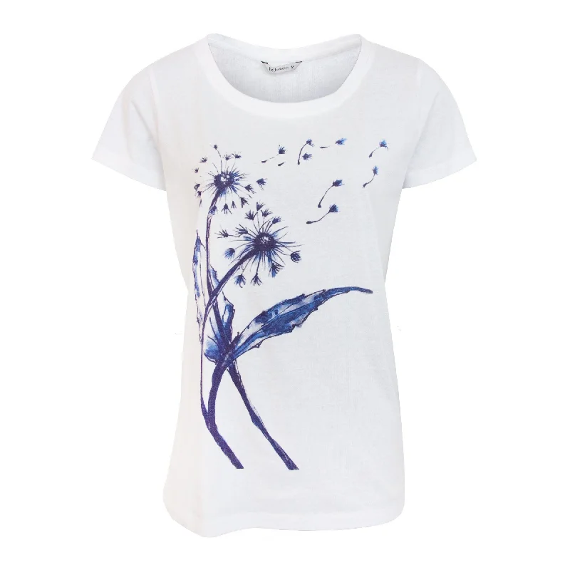 Crew Neck Dandelion Motif  T-shirt - White