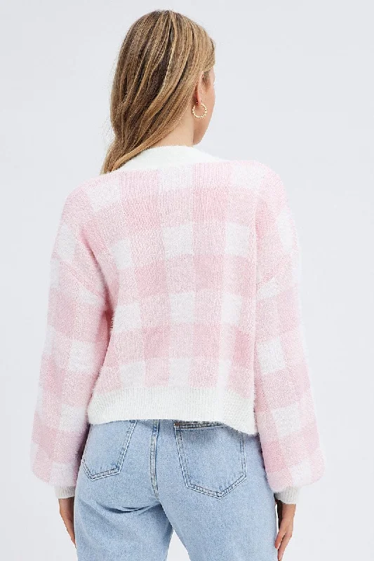 Pink Check Crop Knit Cardigan Check