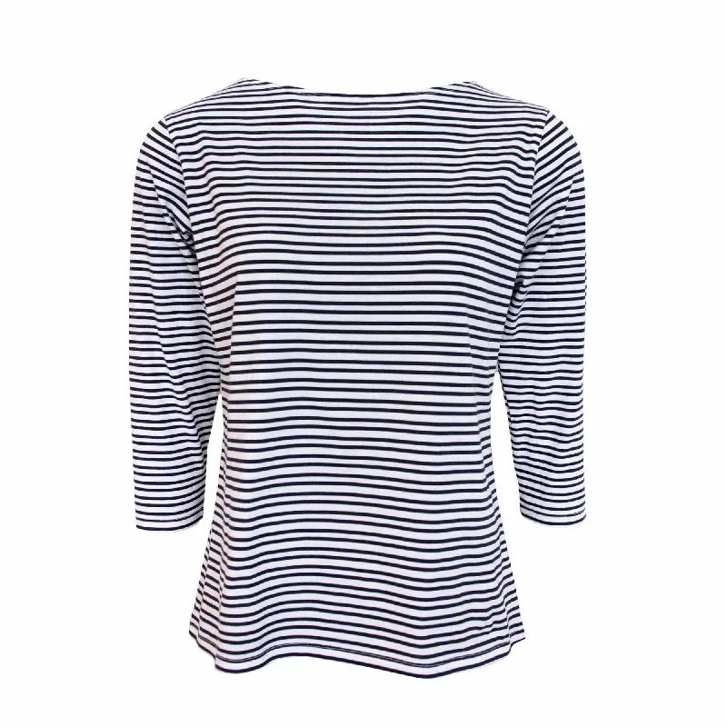 Slash Neck 3/4 Sleeve  T-Shirt - Navy & White