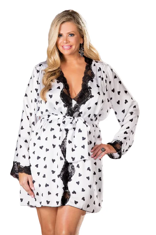 Ladies Elegant Plus Size White Black Hearts Floral Lace Trim Long Sleeves Short Robe