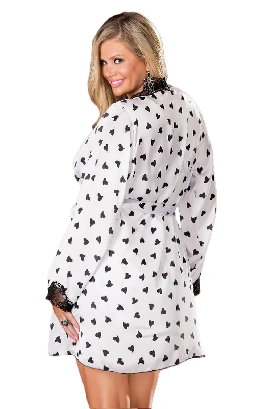 Ladies Elegant Plus Size White Black Hearts Floral Lace Trim Long Sleeves Short Robe