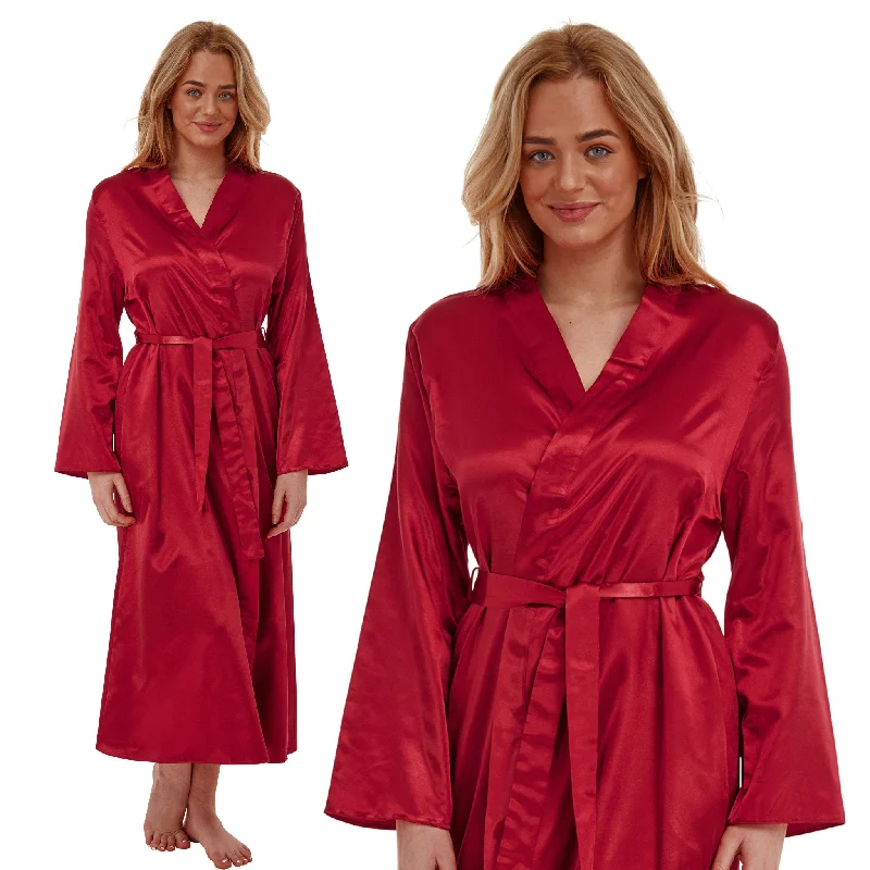 Long Full Length Sexy Satin Wrap Bathrobe Plain Red PLUS SIZE