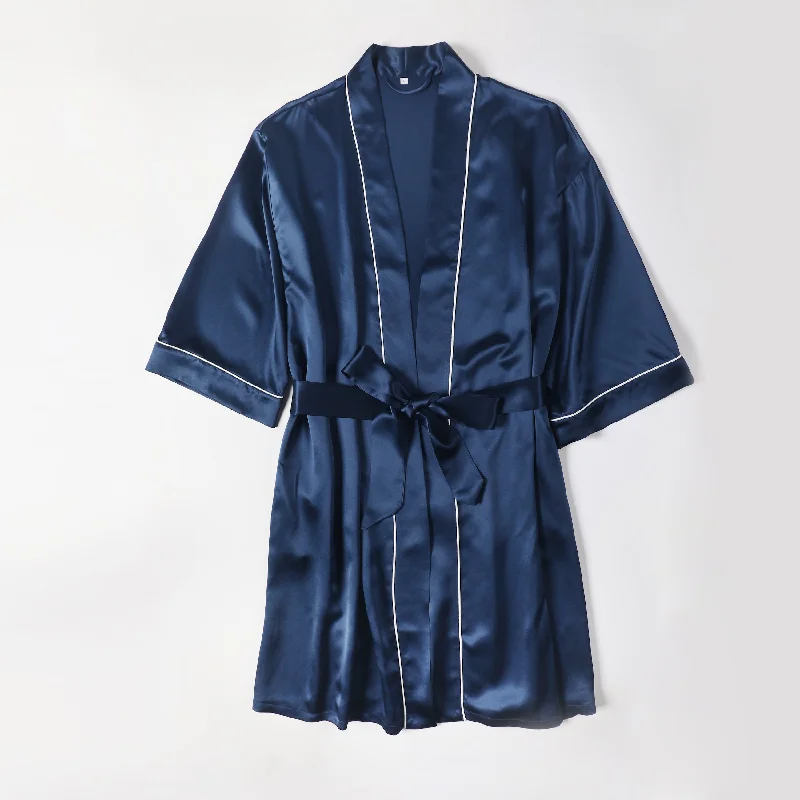 Pasithea | Navy Kimono Pure Silk Robe | Knee Length with Double Belts and Pockets | 22 Momme | Float Collection